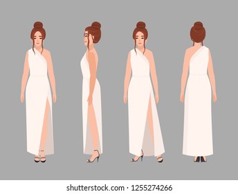 Fashionable woman in stylish evening maxi dress with elegant hairstyle. Charming female cartoon character isolated on white background. Front, side, back views. Flat colorful vector illustration.