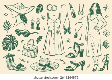 Mulher na moda esboço guarda-roupa de verão de vestidos acessórios e folhas tropicais vetor