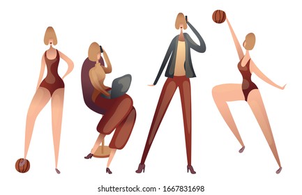 Fashionable Woman Talking by Phone and Playing Basketball in Swimsuit Vector Set