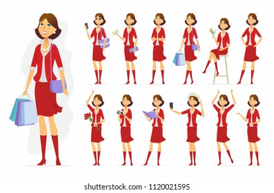 Fashionable woman - vector cartoon people character set isolated on white background. Pretty girl wearing red clothes in different situations, with various accessories, bags, flowers, smartphone
