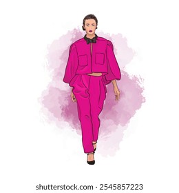 Fashionable Woman in Vibrant Pink Outfit. Trendy woman in a bold pink suit walking confidently. Perfect for fashion-focused designs and projects.