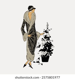 Fashionable woman vintage illustration, vintage vector element. Woman vector art. Vintage woman person art drawing illustration, woman lady female in old style aesthetic painting art print vector.