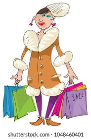A fashionable woman weared in warm leather coat with fur collar keeps paper bags. Sale. Cartoon. Caricature.