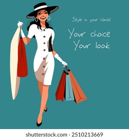 Mujer de moda en vestido blanco con bolsos de compras, Arte vectorial que destaca el estilo y la elegancia