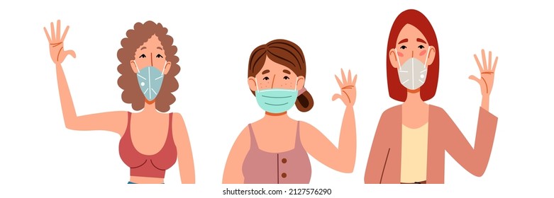 Fashionable women in medical masks say hello.
