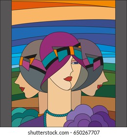 Fashionable women pattern. Three flappers. Art deco vector colored geometric pattern. Art deco stained glass pattern.