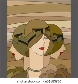 Fashionable women pattern. Three flappers. Art deco vector geometric pattern. Art deco stained glass pattern.