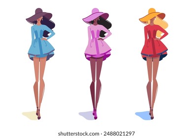 Fashionable women posing. Vector illustration of three stylish women in dresses and hats.