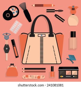 Fashionable women purse and cosmetic set in pink and coral