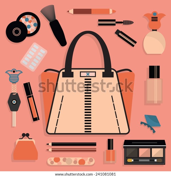 Fashionable women purse and cosmetic set in pink
and coral