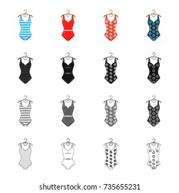Fashionable women s swimsuit. Different kinds of swimsuits set collection icons in cartoon black monochrome outline style vector symbol stock illustration web.