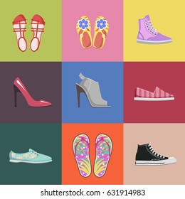 Fashionable women shoes collection on colorful background. Summer sandals, stylish stilletos, comfortable sneakers, bright espadrilles, elegant mules and light filp-flops vector illustrations.