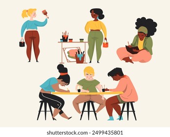 Fashionable Women Sketching in Sketchbook Vector Illustration in Flat Style