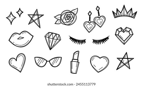 fashionable women stuff hand drawn line art graphic element vector set