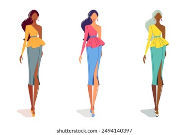 Fashionable Women Walking. Vector illustration featuring three stylish women in modern outfits walking confidently.