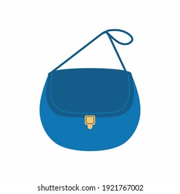 Fashionable women's bags. Modern stylish saddle bag in blue color for girl in cartoon flat icon. Female accessories theme. Vector fashion illustration isolated on a white background.