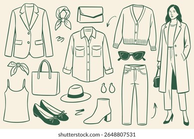 Fashionable women's clothing and accessories collection in linear style sketch drawing showcase a