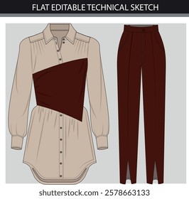 Fashionable women's clothing set. Flat vector illustration of a long sleeve shirt and trousers.