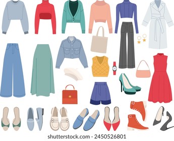 fashionable women's clothing, shoes set on white background vector