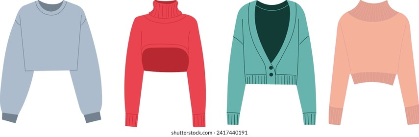 fashionable women's clothing, sweatshirts in flat style, vector