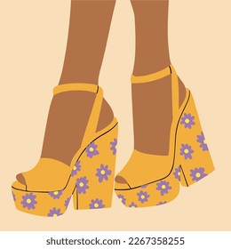 Fashionable women's platform sandals, high heels. Summer footwear. Vector illustration in cartoon style.