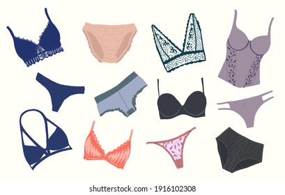 Fashionable women's underwear, underwear set. Panties, bikinis, and bras. Modern hand-drawn colorful collection of women's underwear. Beautiful patterned thongs and lace bras. The concept of sensualit