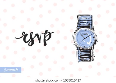 Fashionable wrist watch with motivational text: rsvp. Fashion accessory illustration in trendy soft colors for beauty salon, shop, blog print. Isolated symbol on white background.