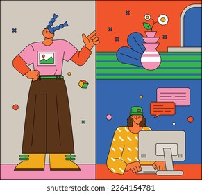 A fashionable and young character. One is standing and talking and the other is working on a computer. It consists of 3 sections. vivid color outline simple vector illustration.