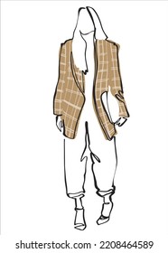 Fashionable young girl in a beige plaid jacket. Vector art illustration of street fashion. Illustration in line art style. Street style image.