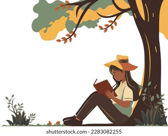 Fashionable Young Girl Character Reading A Book With Wear Fedora Hat Under The Tree On White Background.