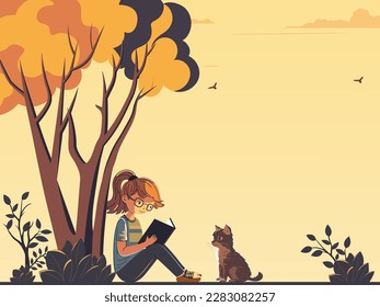 Fashionable Young Girl Character Reading A Book With Cute Cat Under The Tree On Yellow Background And Copy Space.