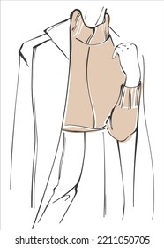 Fashionable young girl in a coat and sweater close-up. Vector art illustration of street fashion. Illustration in line art style. Street style look.