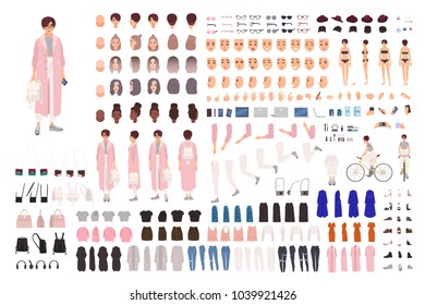 Fashionable young girl creation set or DIY kit. Collection of body parts, trendy clothes, stylish accessories, faces, postures. Female cartoon character. Front, side, back views. Vector illustration.