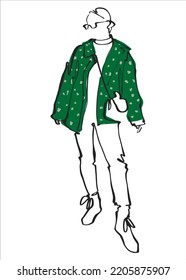 Fashionable young girl in a green jacket with a bag. Vector art illustration of street fashion. Illustration in line art style. Street style image.