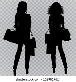 Fashionable young girl makes purchases. Black silhouette of a girl. 