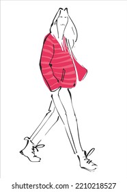 Fashionable young girl in a pink jacket. Vector art illustration of street fashion. Illustration in line art style. Street style image.