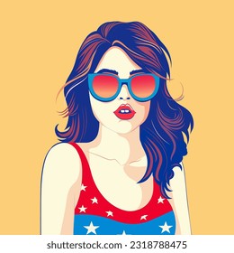 Fashionable Young Girl Wear Sunglasses and American Flag Attire on Yellow Background.