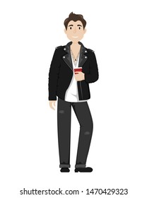 Fashionable young guy in a leather biker jacket, black jeans and a paper Cup of coffee.