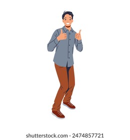 Fashionable young man with stylish black hair, donning a blue shirt and beige pants. He is smiling warmly at the camera and showing a thumbs-up sign in approval of the situation. Isolated background