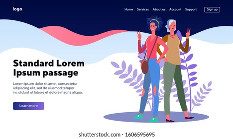 Fashionable young and middle aged women posing. Mom and daughter making V-sign flat vector illustration. Women fashion, stylish female customers concept for banner, website design or landing web page