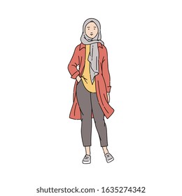 Fashionable, young and modern Arab Muslim girl or woman in pants and hijab. Islamic and muslim woman in modern hijab, isolated character vector illustration.