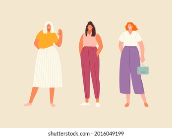 Fashionable young modern girls in casual clothes. Vector illustration set