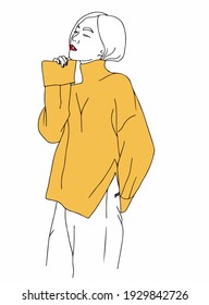 Fashionable young pretty girl in yellow sweater. Asian woman touching her face and thinking. Short haired lady.	