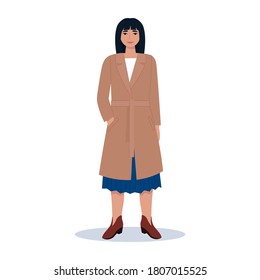 Fashionable young woman in a coat and boots. Autumn street style clothes. Vector illustration in cartoon flat style