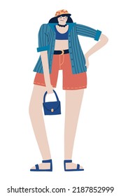 Fashionable young woman or girl in casual style. Vector hand drawn stylish isolated character
