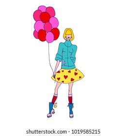 Fashionable young woman holding pink balls in her hand. Stylish girl in full growth.