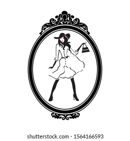 fashionable young woman inside old mirror frame, vector 