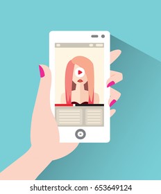 Fashionable young woman on the screen of the smartphone. Vector illustration in flat style 