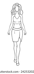 Fashionable young woman. Sketch. Vector illustration. A lady in a short top with one strap around the neck and a short pencil skirt with a slit at the hip. Doodle style. Girl with wavy hair. 