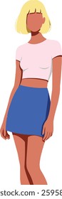A fashionable young woman stands confidently in a pink crop top and blue skirt, showcasing a modern, minimal aesthetic with vibrant colors and clean lines.